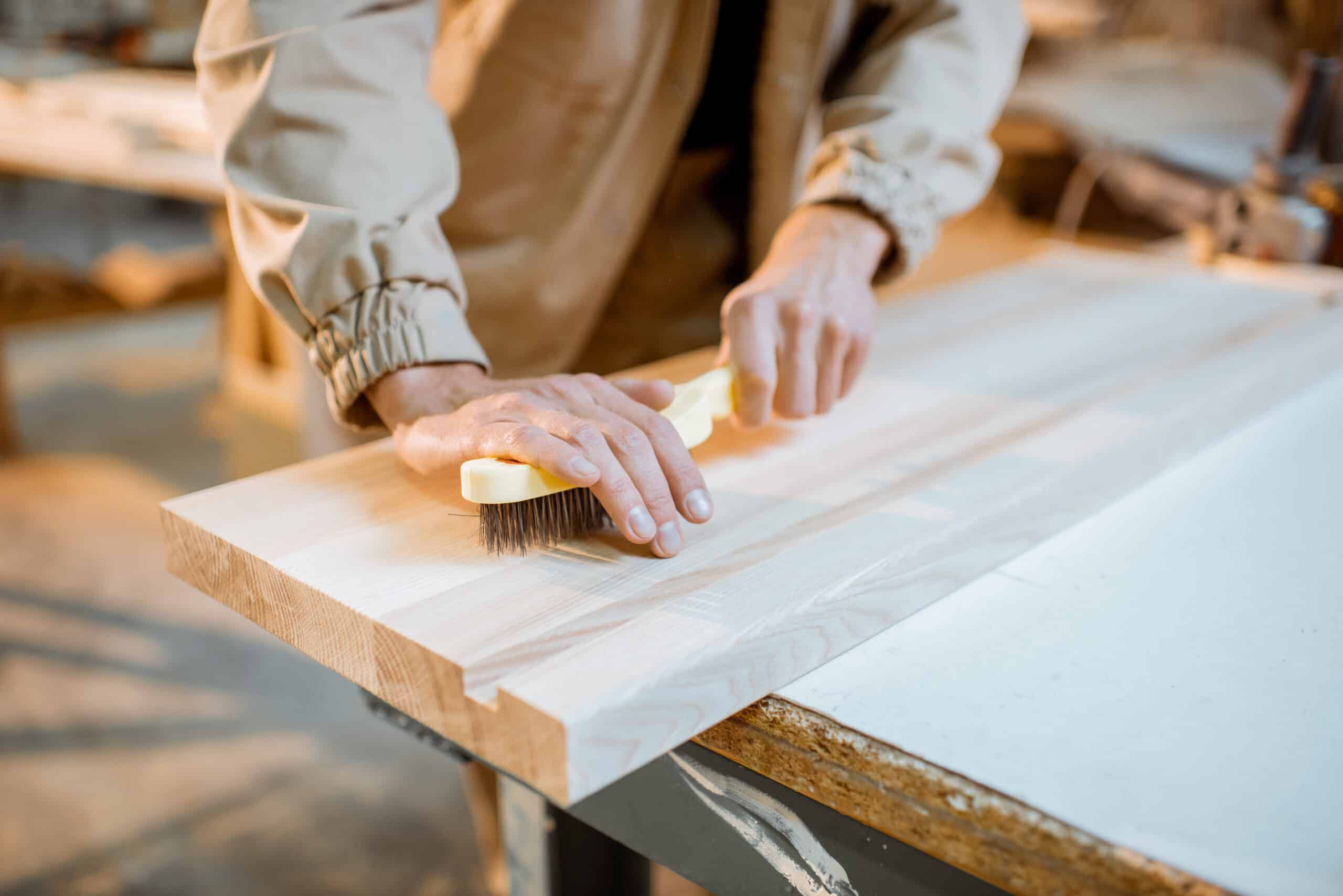 Carpenter brushing wood with hand brush at the carpentry manufacturing